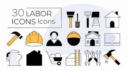 Labor line editable icon set. Contains icons related to labor, construction, labour day, renovation, and more. Vector illustration. make 30 vectors on one image