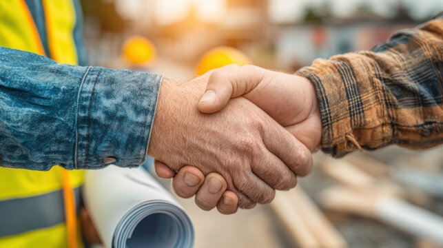 Two construction workers shake hands at a construction site signifying a successful project collaboration and business agreement to proceed with future endeavors.