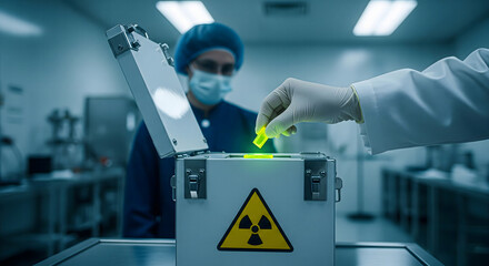 Photo-realistic scene of a hand placing small uranium sample into a sealed lead box with radioactive label in a high-security lab environment