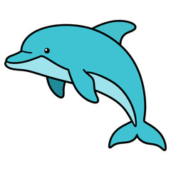 Obraz premium A happy blue dolphin leaping gracefully. This cute cartoon character is perfect for aquarium logos, sea life themes, educational materials, and children's book illustrations.