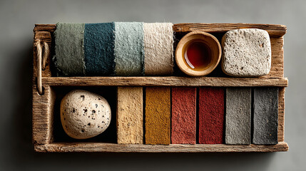 Textured Harmony: A wooden tray artfully displays a collection of natural elements, including vibrant textiles, organic stones, and a small bowl of liquid.