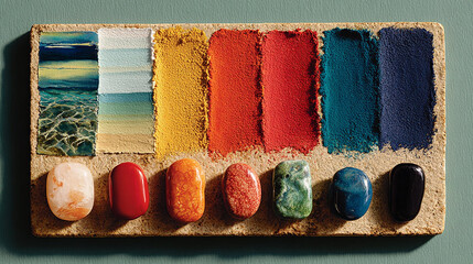 Palette of Colors: A captivating studio shot showcases a harmonious composition of swatches and stones, presenting a rich spectrum of hues for artistic and design inspiration.