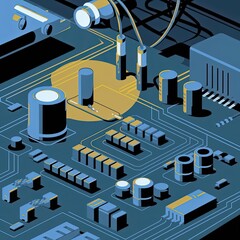 Abstract isometric illustration of a circuit board with electronic components