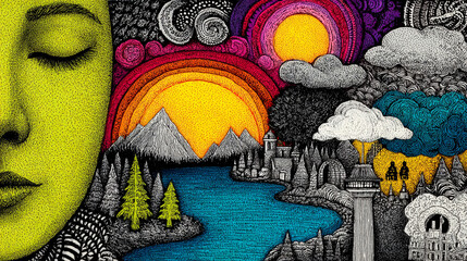 Inner Peace: A woman's face seamlessly blends with a vibrant dreamscape, showcasing a tranquil lake, majestic mountains, and a whimsical castle, symbolizing inner peace and imagination. 