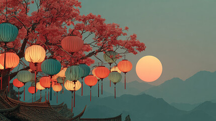 Serene Sunset with Lanterns: Colorful lanterns adorn a blossoming tree silhouetted against a breathtaking sunset over misty mountains, creating a tranquil and evocative scene.