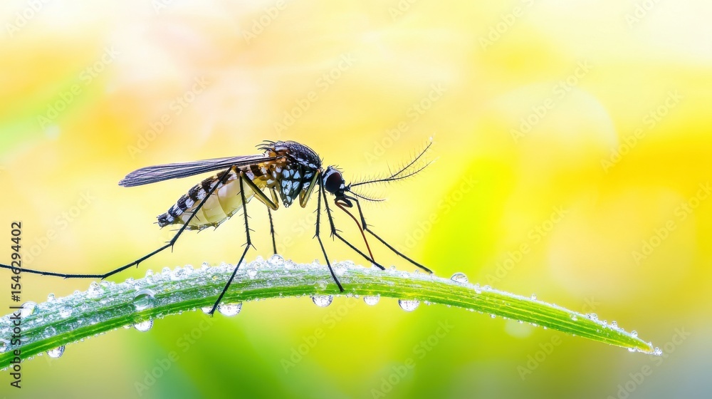 Aufkleber close-up image of mosquito on green leaf with dew drops and soft background colors