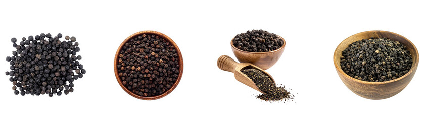 Black Peppercorns in Wooden Bowls and Scoop Isolated on Transparent Background