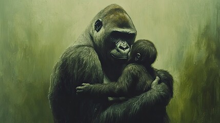 A gorilla mother cradling her baby