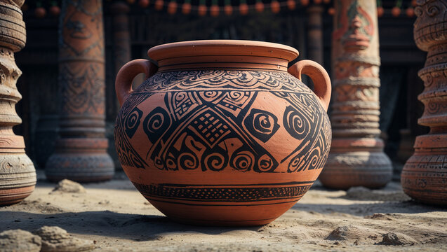 Ancient terracotta pottery with ornate tribal designs on a sandy terrain with supportive decorative pillars.