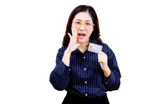 Asian young beautiful woman wearing glasses holds a credit card and gestures as if speaking or announcing something.