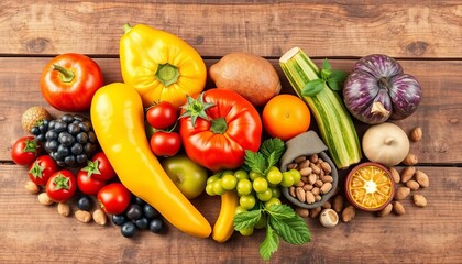 Vibrant fruits, vegetables, & nuts arranged artfully on rustic wood,   plates,   food photography