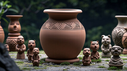 Artistic display of a large decorative earthenware vase decorated with geometric patterns alongside several small unique clay figurines.