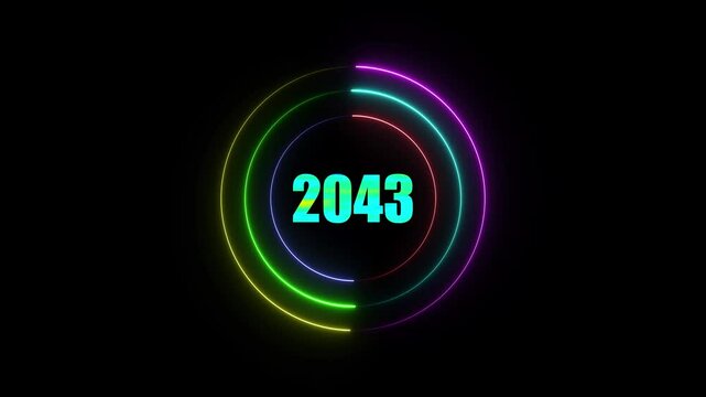 2043 text effect technology neon circle with the word black background.