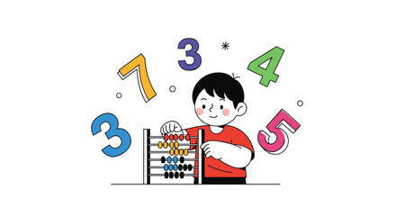 Little Boy Practicing Arithmetic with Abacus and Numbers Learning Basic Mathematical Skills