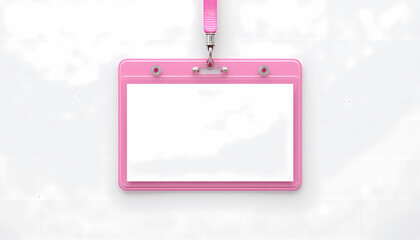 A pink badge holder with a pink lanyard hanging against a white background in a studio setting