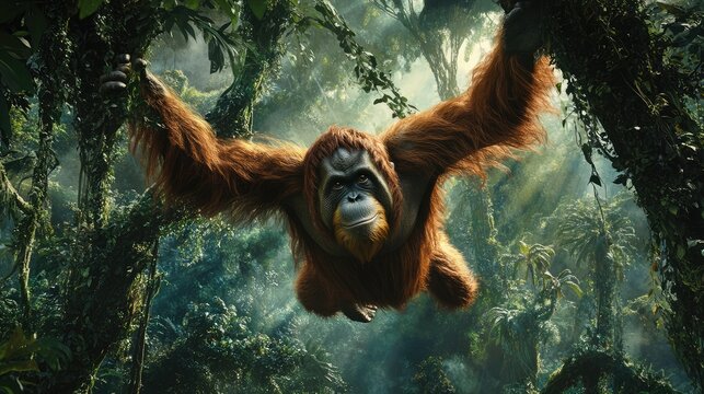A large orangutan swinging through dense rainforest vines, fur shining under broken sunlight, 
