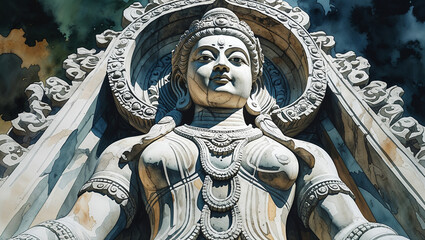 Artistic watercolor painting depicting a majestic statue of a hindu goddess with intricate details