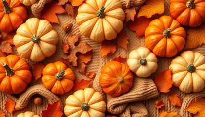 Warm autumn seamless pattern featuring cozy elements like pumpkins, leaves, and knit textures, sweater, autumn wallpaper