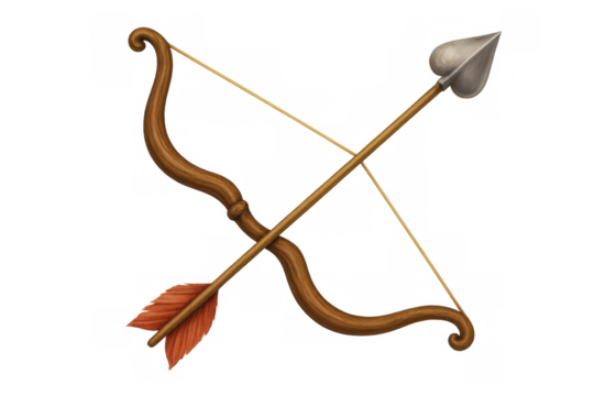 Wooden cupid bow, heart-shaped arrowhead resting on transparent surface, representing romantic love and valentine's celebration