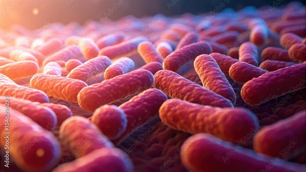 Poster close-up rendering of gut microbiome bacteria in vibrant detail