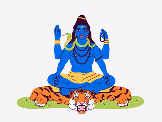 Lord Shiva sitting on tiger skin. Snake around his neck. Indian God of Hindu. Lotus pose meditation. Vector illustration. Maha Shivratri. Traditional festival of India. The Great Night of Lord Shiva.