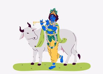 Lord Krishna dancing and plays the flute (bansuri). Indian God of Hindu. Vector illustration. Happy Janmashtami. Traditional festival of India. White cow.