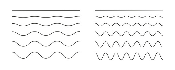 Wavy, curvy, zigzag lines. Undulate borders, transverse horizontal line collection. Sine, fluid, air, wind signs, template. Water, river, lake, sea, ocean symbol, icon. Outline graphic illustration.