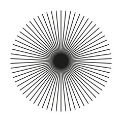 Circular lines simple element. Radial circle lines pattern. Symbol of Sun star rays flat icon. Design trendy sample. Spokes with radiating stripes. Abstract illusion geometric black shape.