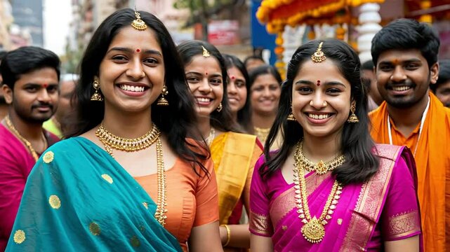 A group of young South Asian people celebrate a festival. Two women wear colorful traditional attire, smiling. Men in the background wear bright shirts. Joyful atmosphere.