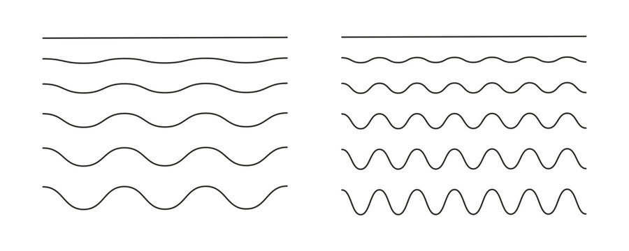 Wavy, curvy, zigzag lines. Undulate borders, transverse horizontal line collection. Sine, fluid, air, wind signs, template. Water, river, lake, sea, ocean symbol, icon. Outline graphic illustration.
