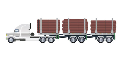 Low Loader Semi Trailer Logging Truck Loaded with Freshly Cut Logs vector illustration