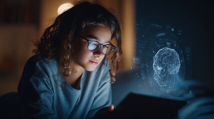 Teenager using an AI tutoring app on a tablet while doing homework, holographic or interface-style AI projection nearby, supportive learning environment, ultra-realistic, no watermark, no text 