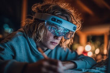 A young woman, named Julia, is seen wearing virtual reality glasses while learning coding. She looks focused and engaged in the virtual environment projected by the VR headset.