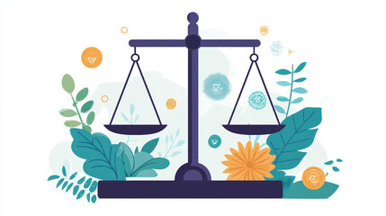 Flat Vector Illustration of a Balanced Scale Weighing Productivity Against Well-Being, Symbolizing Work-Life Balance and Harmony