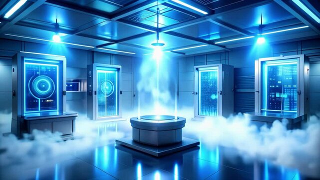 Futuristic cryogenic chamber room with advanced cooling technology, glowing blue lights, mist, and sealed high-tech pods for preservation or deep-space applications.
