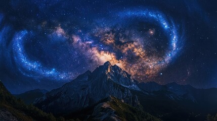 Mystical Blue Spiral Galaxy Above Mountain Peak at Night