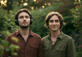 Male LGBTQ Gay couple in garden setting with both partners wearing headphones showing neurodivergent connection