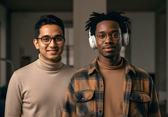 Indoor portrait of male gay LBGTQ couple with neurodivergent autistic partner wearing headphones expressing identity