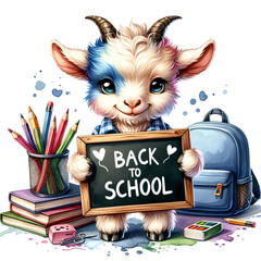 Back to School Goat Mascot: A whimsical and colorful illustration featuring a cute goat mascot holding a chalkboard sign that reads "Back to School".
