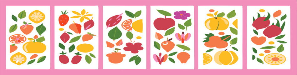 Colorful Hand-Drawn Fruit and Vegetable Wall Art Set – Botanical Kitchen Prints with Citrus, Berries, and Autumn Harvest in Modern Flat Style.