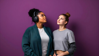 Obraz premium Lesbian gay LGBTQIA+ autistic couple with headphones standing side by side representing neurodiverse partnership