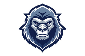 A fierce gorilla face sporting orange eyes and dark blue fur glares intently forward