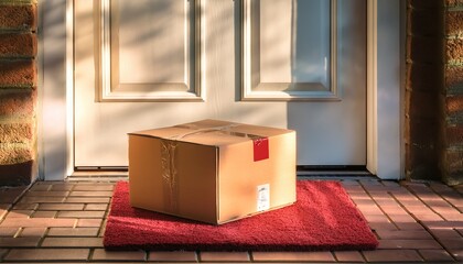 a simplistic scene featuring a single box with a red dot sitting on a doormat in sunlight the welcoming home entrance highlights the concept of delivery and anticipation