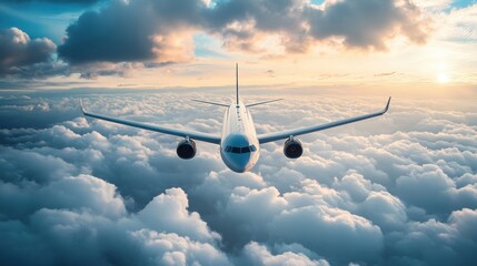 Airplane flying above the clouds at sunset with a bright sky in the background on a sunny day