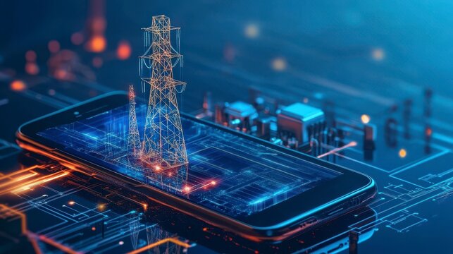 Futuristic Concept of Mobile Technology with Power Towers and Circuitry, Emphasizing Digital Connectivity and Smart Infrastructure in Modern Society
