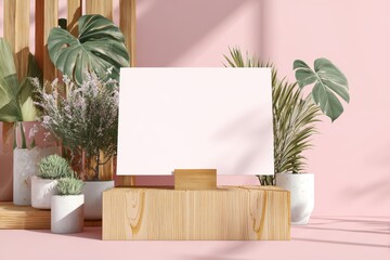 Minimalist wooden podium with blank card surrounded by dried flowers and greenery. Soft pink background, natural light, elegant display setup for product presentation.