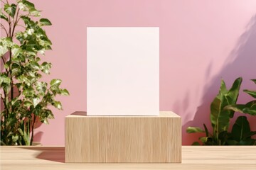 Blank card mockup on wooden pedestal against pink background with green plants, minimalist display for design presentation.