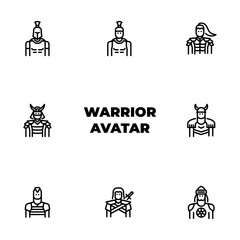 Male Warrior avatar outline icon set. Warrior character front view black line illustration.