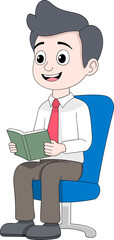 Happy Cartoon Boy Reading Book on Chair