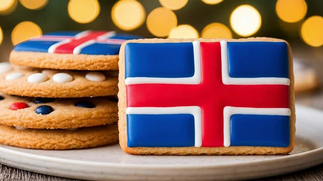 Decorative cookies with the Icelandic flag design. Round cookies with colorful icing and a rectangular cookie featuring the flag. Soft focus background with warm lights. - Powered by Adobe